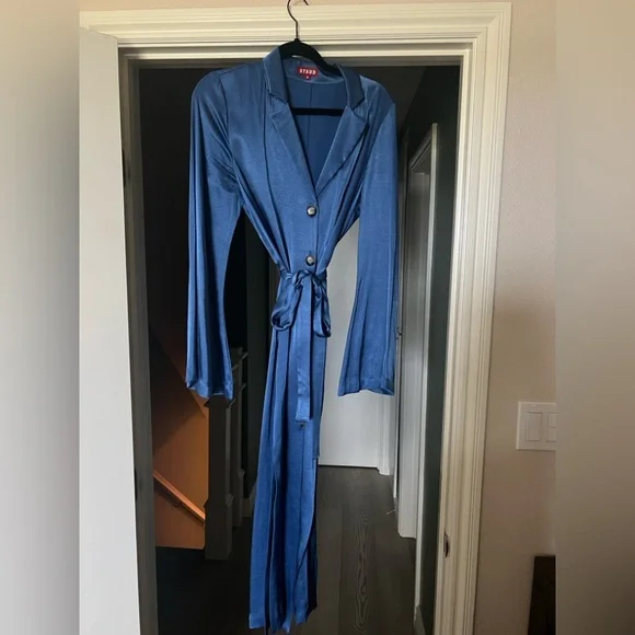 STAUD Royal Blue Satin Dress with Long-Sleeves Bell Sleeves Size M Modest Dress - Picture 7 of 10